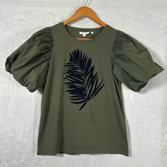 Chicos Tops - Chicos Top 0 Small Olive Green Black Applique Palm Puff Sleeve